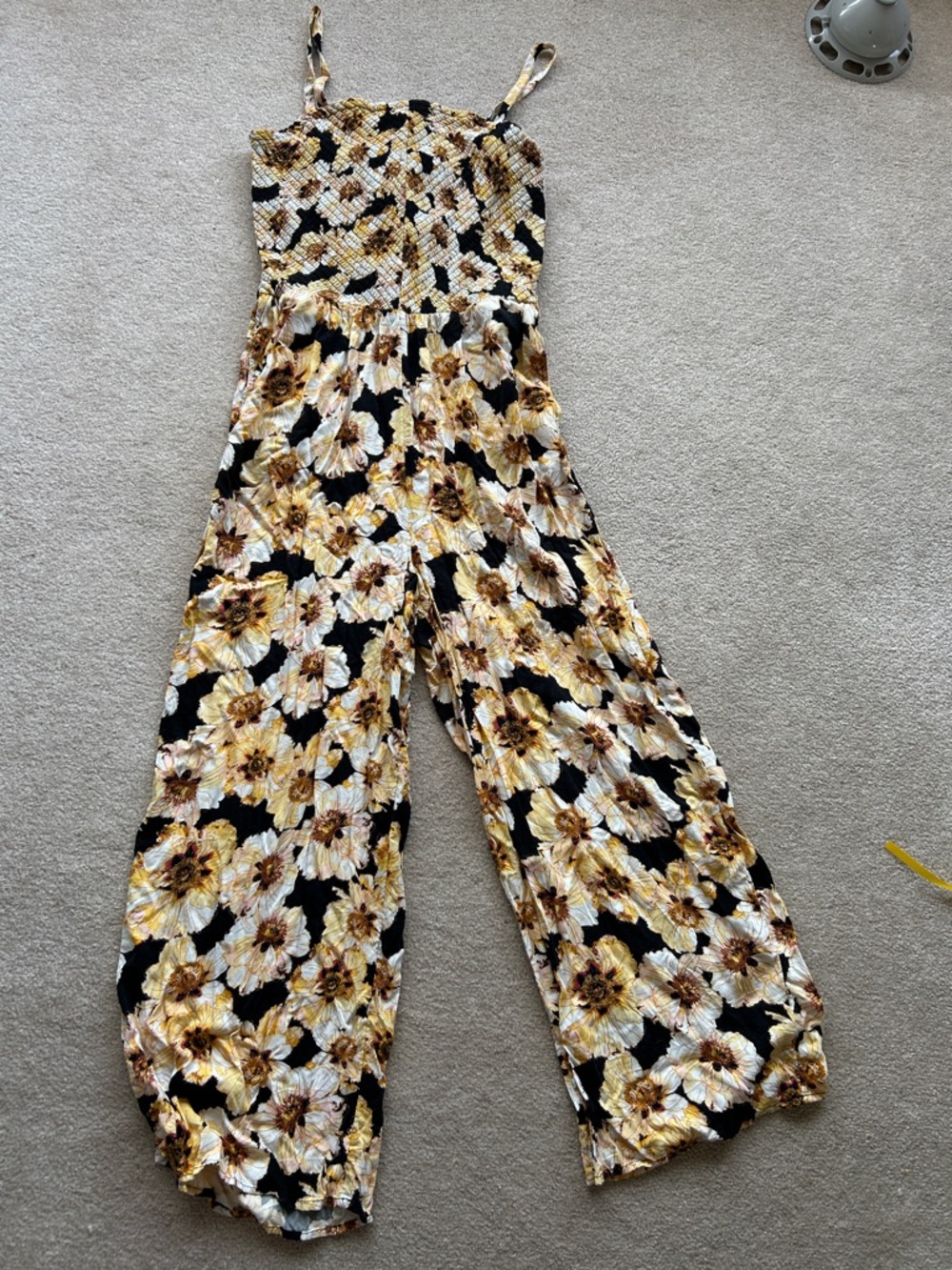 Maurices Black Floral Smocked Wide-Leg Jumpsuit with Yellow Accents